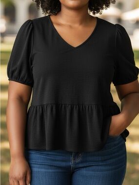 Nine West Black Peplum Blouse | V-Neck Short Puff Sleeve Tunic Top | Size PXXL